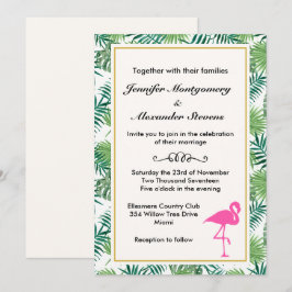Invitación Patrón de hojas tropicales y Boda de flamenco rosa
