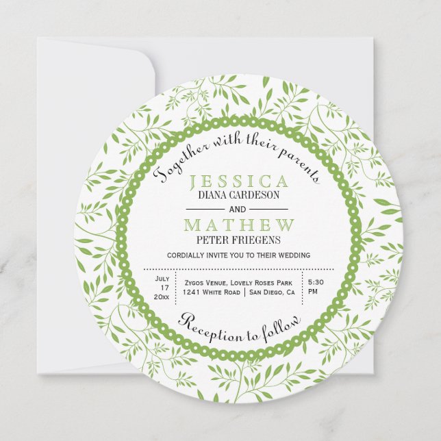 Invitación Patrón de hojas verde limón boda floral moderno (Anverso)