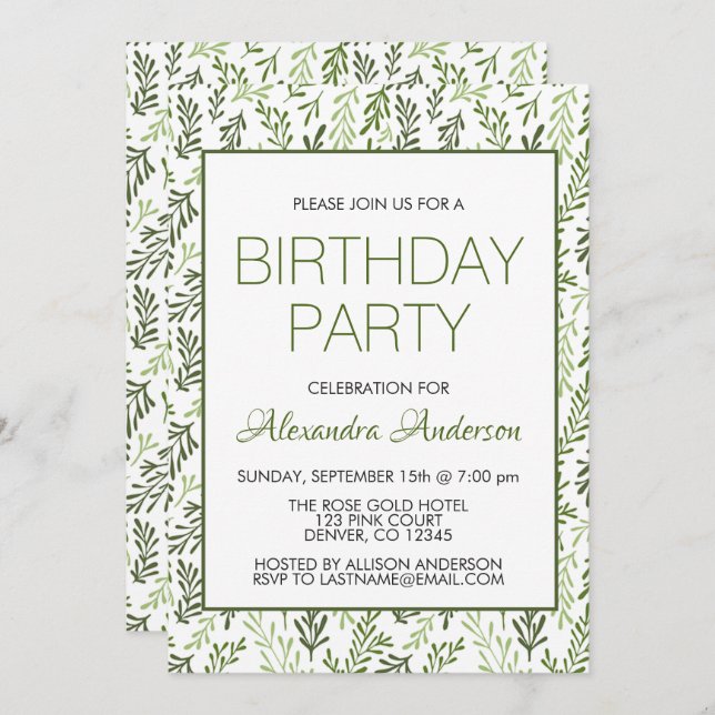 Invitación Patrón de hojas verdes Elegante fiesta de cumpleañ (Anverso / Reverso)