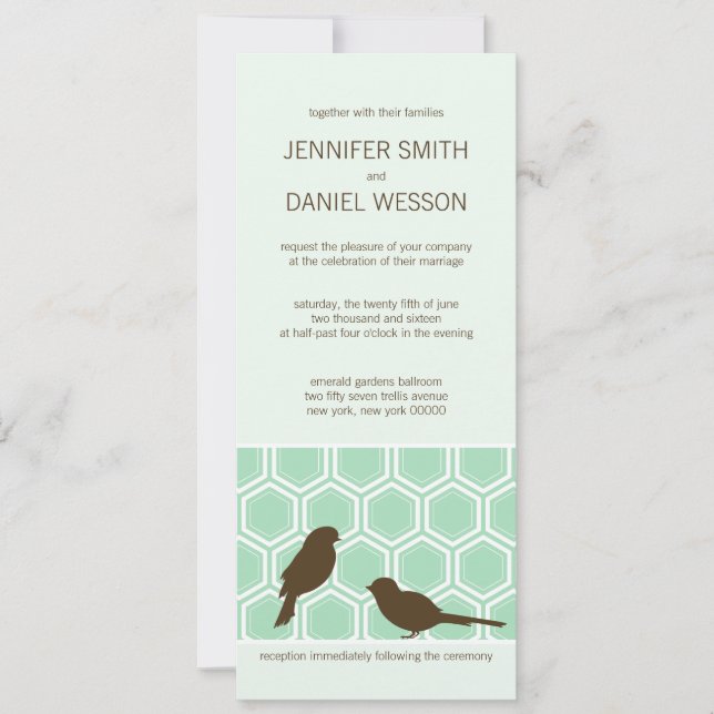 Invitación Patrón De Honeycomb En Verde De Moneda Con Aves De (Anverso)