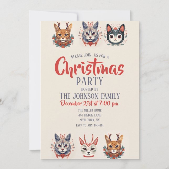 Invitación Patrón de Ilustracion de gatos de renos de navidad (Reverso)