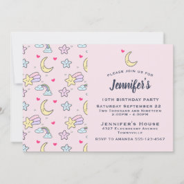 Invitación Patrón de luna, estrellas y nubes en cumpleaños ro