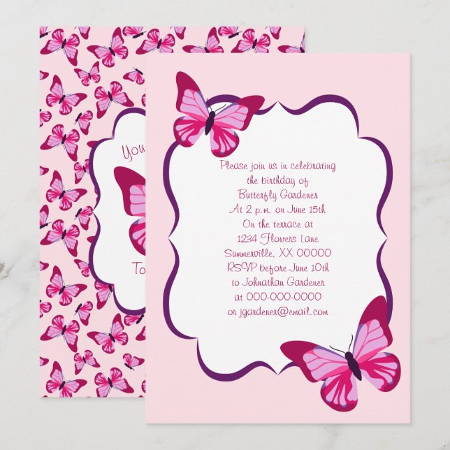 Invitación Patrón de mariposa Bonito púrpura rosa (Anverso / Reverso)