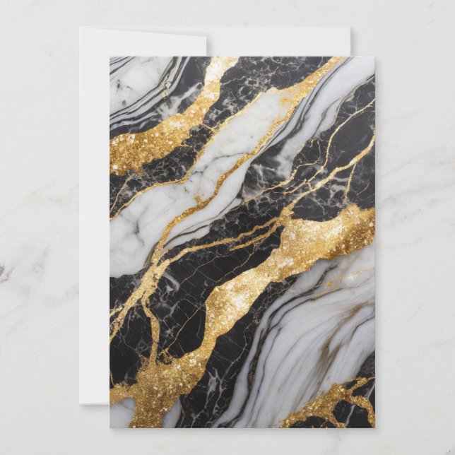 Invitación Patrón de mármol blanco y negro con oro (Anverso)