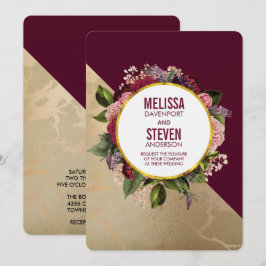 Invitación Patrón de mármol dorado y Boda floral borgoñona