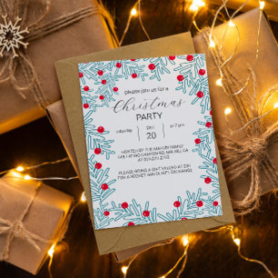 Invitación Patrón de Navidad de Rama de Pino Moderna y Bayas
