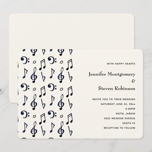 Invitación Patrón de notas musicales lindas para boda (Anverso / Reverso)