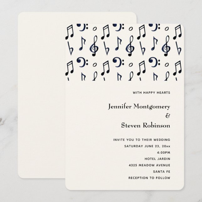 Invitación Patrón de notas musicales lindas para boda (Anverso / Reverso)
