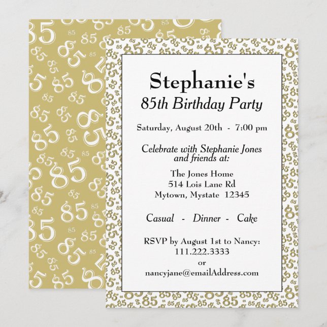 Invitación Patrón de número 85 Guay Cumpleaños Party Gold/Whi (Anverso / Reverso)