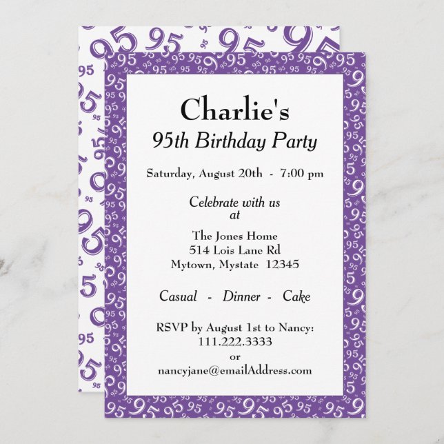 Invitación Patrón de número al azar de cumpleaños 95 Púrpura/ (Anverso / Reverso)