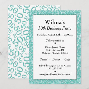 Invitación Patrón de número aleatorio 50 Azul verde/Blanco 50