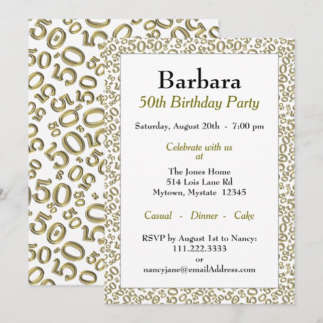 Invitación Patrón de número aleatorio 50 Oro/Blanco 50º (Anverso / Reverso)