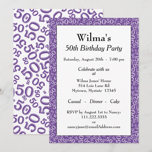 Invitación Patrón de número aleatorio 50 púrpura/blanco 50º (Anverso / Reverso)