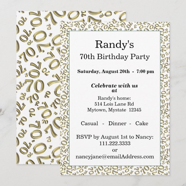 Invitación Patrón de número aleatorio 70 dorado/blanco 70º (Anverso / Reverso)