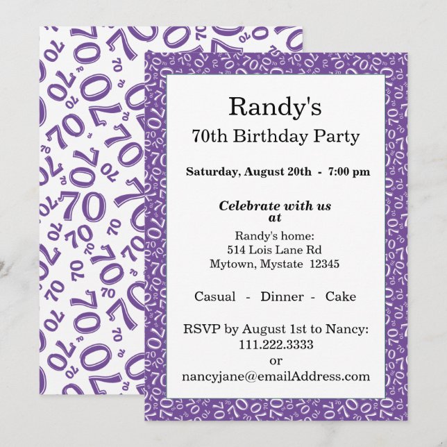 Invitación Patrón de número aleatorio 70 púrpura/blanco Invit (Anverso / Reverso)