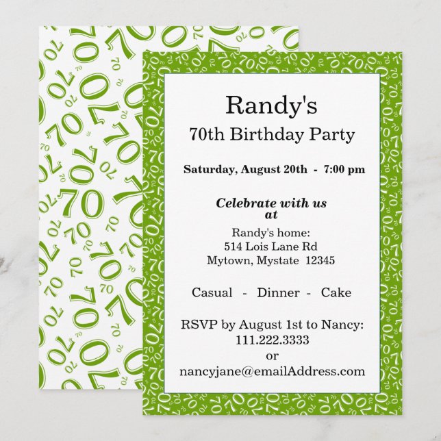 Invitación Patrón de número aleatorio 70 Verde/Blanco 70º (Anverso / Reverso)