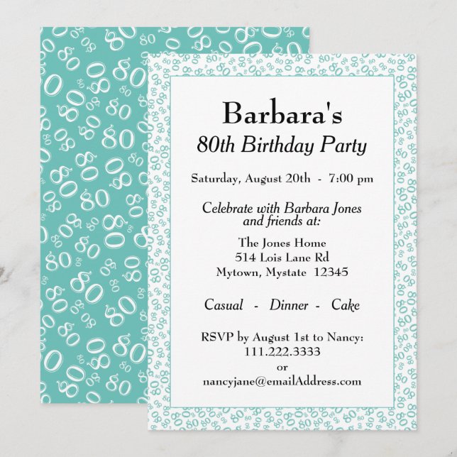 Invitación Patrón de número aleatorio 80 Azul verde/Blanco 80 (Anverso / Reverso)