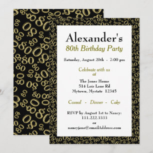 Invitación Patrón de número aleatorio 80 negro/oro 80º