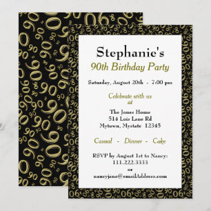 Invitación Patrón de número aleatorio 90 negro/oro 90º