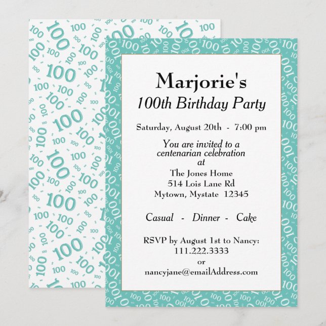 Invitación Patrón de número blanco/Verde azulado de la fiesta (Anverso / Reverso)