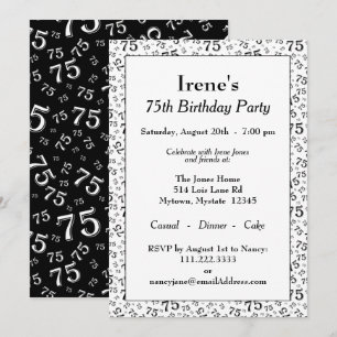 Invitación Patrón de números blanco y negro de la 75ª fiesta 