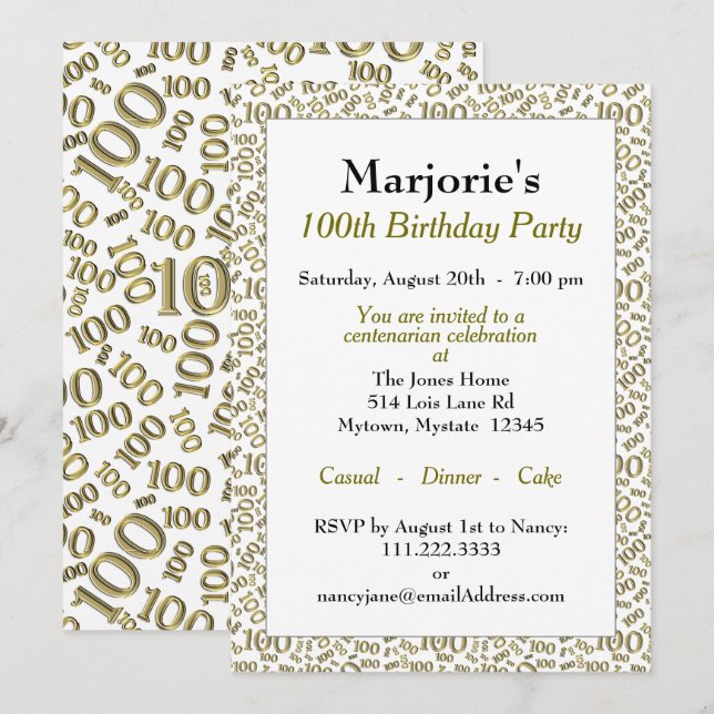Invitación Patrón de números dorados/blancos de la fiesta de  (Anverso / Reverso)