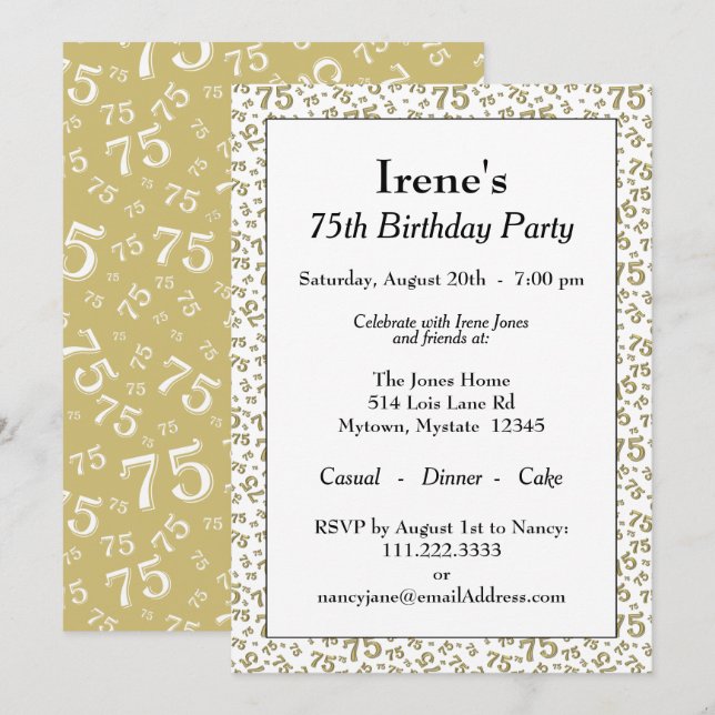 Invitación Patrón de números dorados y blancos de la fiesta d (Anverso / Reverso)