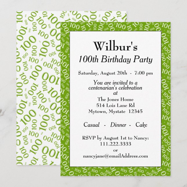 Invitación Patrón de números verde/blanco de la fiesta de cum (Anverso / Reverso)