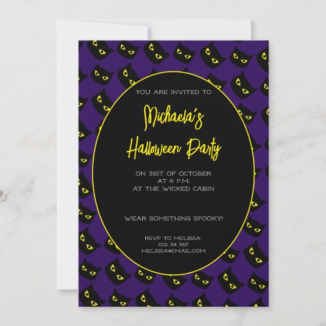 Invitación Patrón de ojos amarillos de gato negro y púrpura d (Anverso)