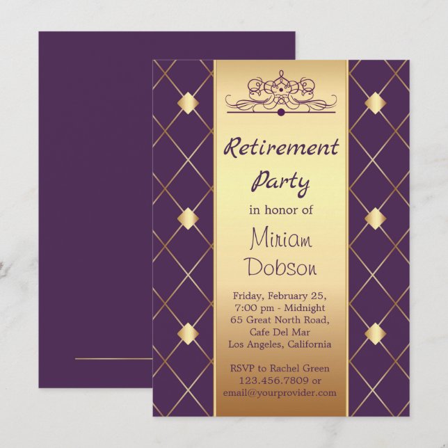 Invitación Patrón de oro en diamantes morados Fiesta de jubil (Anverso / Reverso)