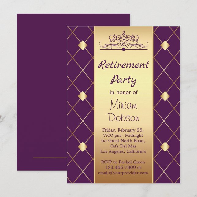 Invitación Patrón de oro en diamantes morados Fiesta de jubil (Anverso / Reverso)