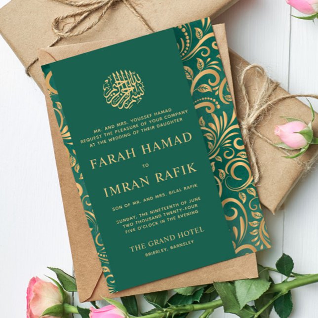 Invitación Patrón de oro verde claro Boda musulmán islámico (Subido por el creador)