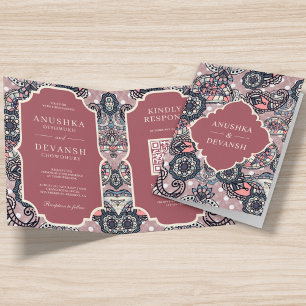 Invitación Patrón de paisley rosa salmón Código QR Boda indio