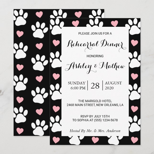 Invitación Patrón De Patas, Perros, Corazón, Cena De Ensayos (Anverso / Reverso)
