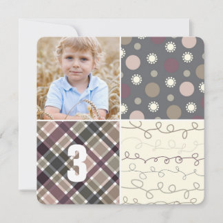 Invitación Patrón de patchwork gris cuadrados niño foto cumpl