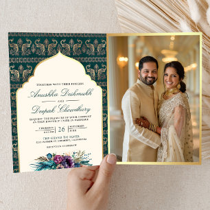 Invitación Patrón de pavo real teal marfil Flor india Boda