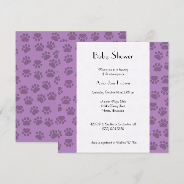 Invitación Patrón De Paws, Paws Púrpura, Baby Shower (Anverso / Reverso)
