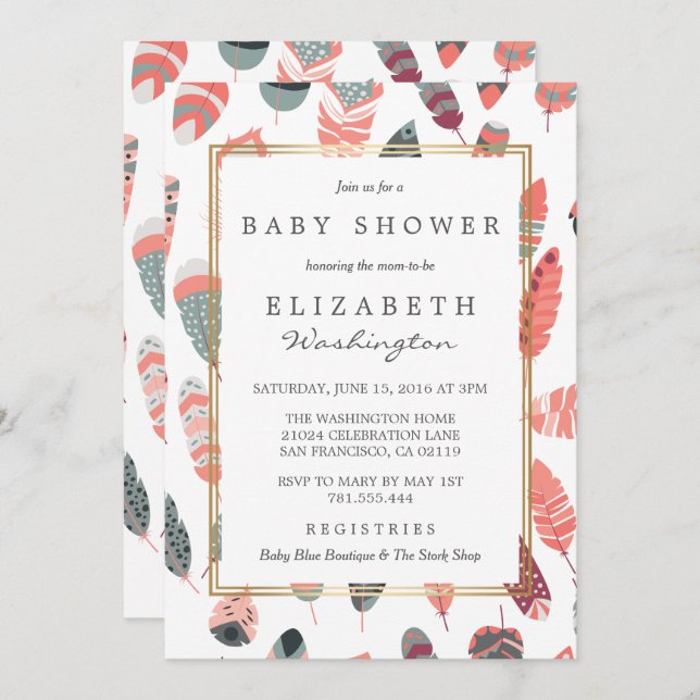 Invitación Patrón de plumas bohemias Baby Shower (Anverso / Reverso)