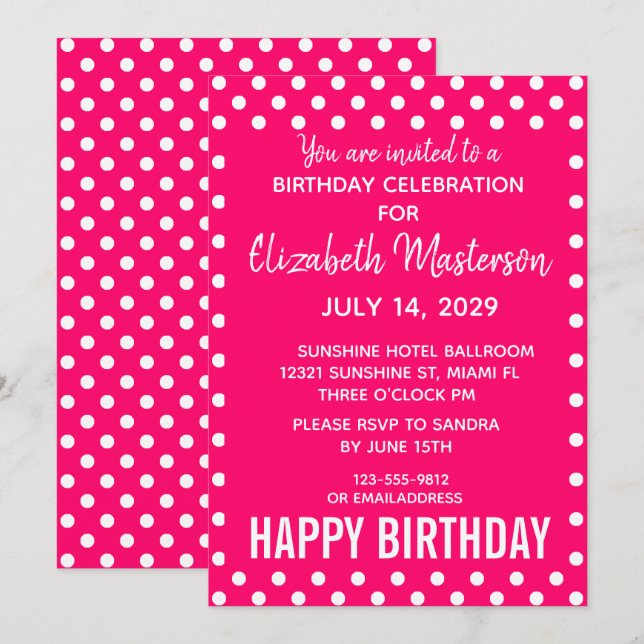 Invitación Patrón de puntos blancos rosados felices cumpleaño (Anverso / Reverso)