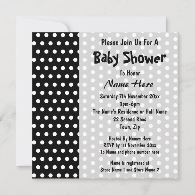 Invitación Patrón de puntos de polka blanco y negro de Baby S (Anverso)