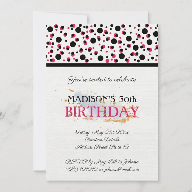 Invitación Patrón De Puntos Dibujados A Mano Pink And Black (Anverso)