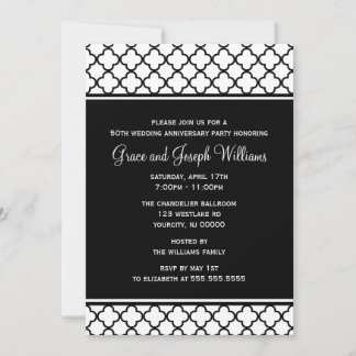 Invitación Patrón de quatrefoil elegante en blanco y negro