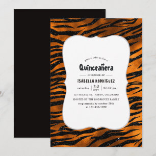 Invitación Patrón de rayas de tigre negro y cobre Quinceanera