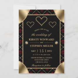 Invitación Patrón de rosa negra y roja y diamantes de oro par