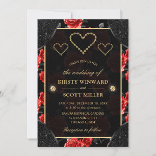 Invitación Patrón de Rosa Negra y Roja y Diamantes Dorados Bo