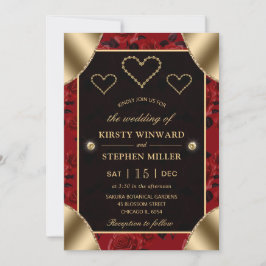 Invitación Patrón de Rosa Roja y Diamantes Dorados Boda