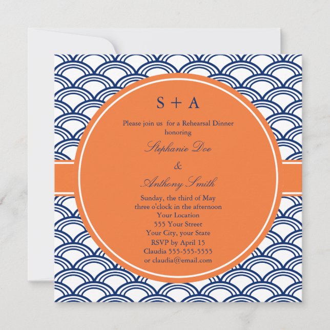 Invitación Patrón de Seigaiha Azul Real Monograma con Naranja (Anverso)