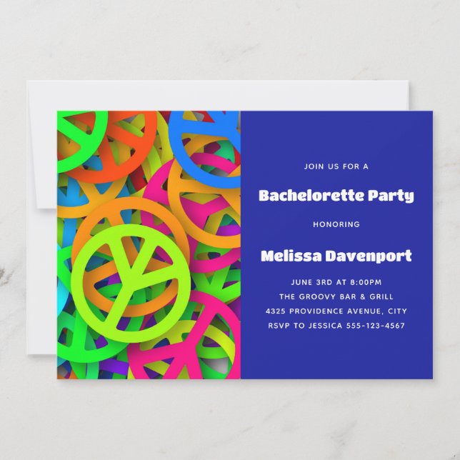 Invitación Patrón de signo de paz Groovy Sixties Bachelorette (Anverso)