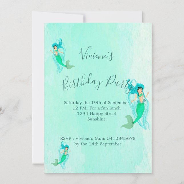 Invitación Patrón de sirena de cumpleaños Rivera verde (Reverso)
