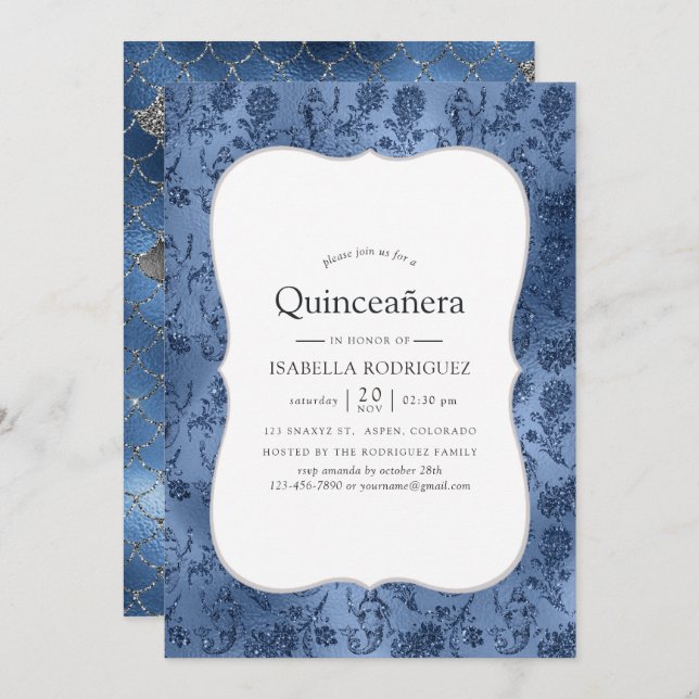 Invitación Patrón de sirena de Purpurina azul Quinceanera (Anverso / Reverso)